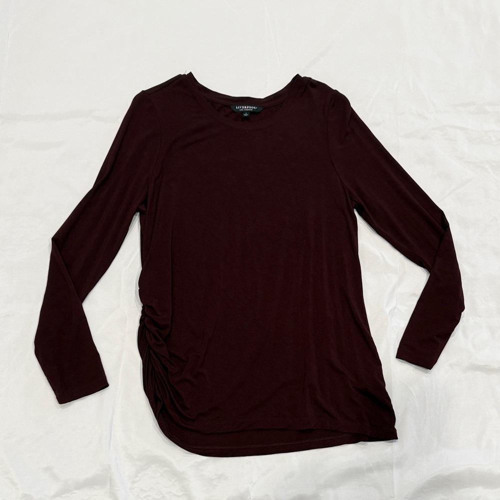 Liverpool Los Angeles Deep Maroon Long Sleeve Side Ruched Top-L